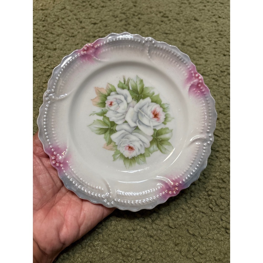 Vintage Leuchtenburg Germany Porcelain Plate White Roses Iridescent Scalloped 6"